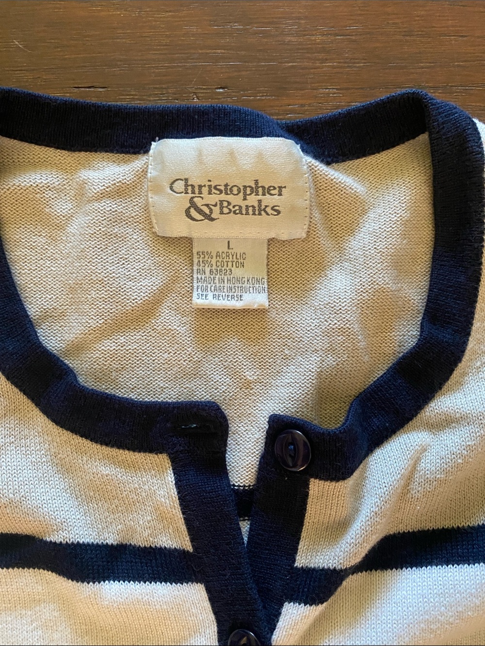 Crewneck Button-Front Striped Sweater - Navy cream and White - Picture 2 of 7